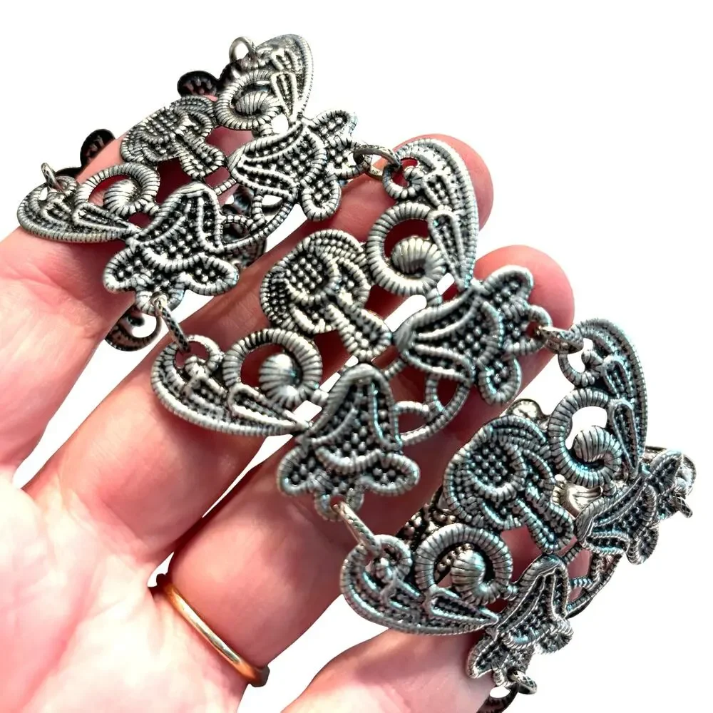 Vintage Premier Designs Wide Silver Panel Chain Bracelet textured ornate Boho